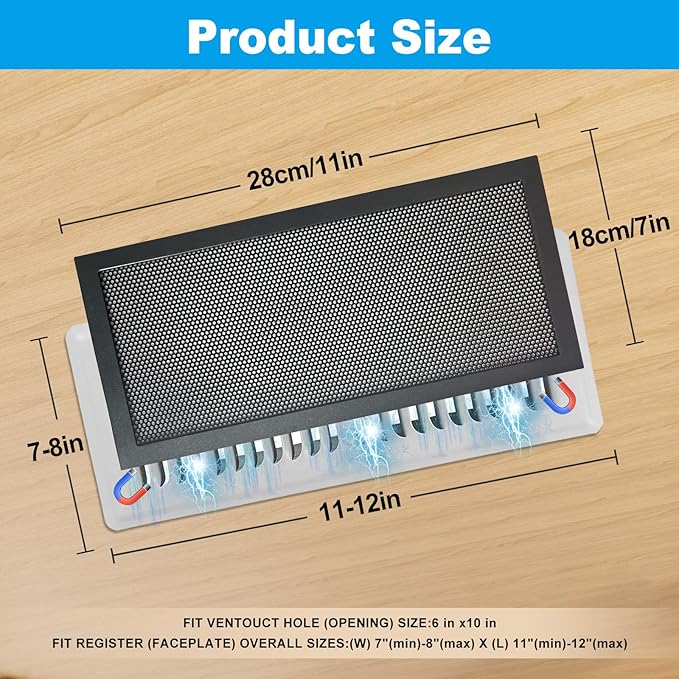 4-Pack 7"x11" Powerful Magnetic Vent Covers - Super Strong Neodymium Magnets, No Slip & No Drill Needed - Secure Fit for Floor/Wall/Ceiling Registers - Durable Air Vent Screen (Black, 7x11)