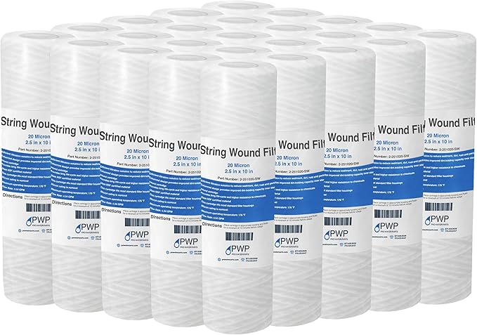 Sediment String Wound Water Filter Cartridge Standard 2.5x10" 20 Micron 25 Pack