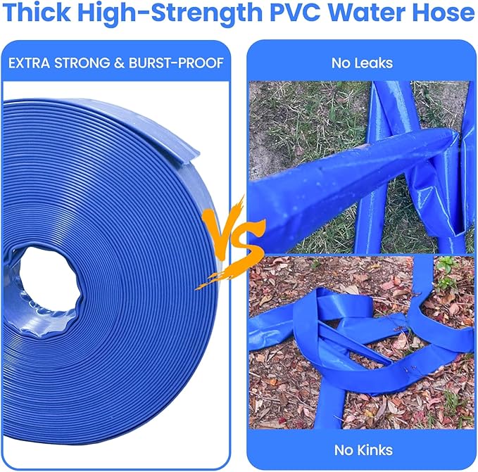Poolvio Backwash Hose 2" x 100 ft, Blue Lay-Flat PVC Drain Hose with 2 Stainless Steel Thumb Screw Clamps, Tear-Resistant & Leak-Free for Swimming Pool Filter Cleaning, Flooded Area, Pond Draining