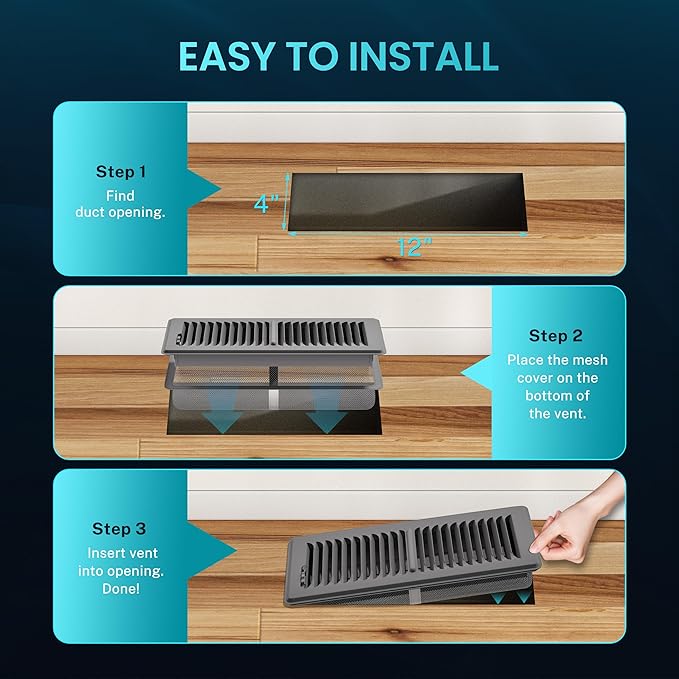 Floor Register 4 x 12 Inch, HG Power 1 Pack Heavy Duty Floor Vent Covers for Home with Screen Net, Adjust Metal Rust Proof Finish Air Vent for Kitchen, Heat, Office(Grey)
