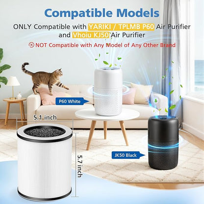 4 Pack P60 Replacement Filter Only Compatible with TPLMB/YARIKI P60 Air Purifier and Vhoiu KJ50 Air Purifier, 3-in-1 Nylon Pre-Filter, HEPA Filter and High-Efficiency Carbon