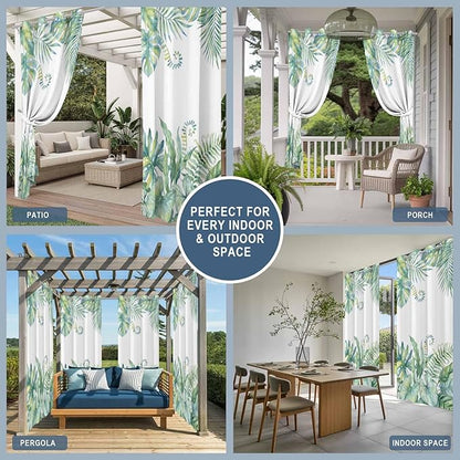Leaves Outdoor Curtains for Patio Green Leaf Tropical Plants Farmhouse Pastoral Waterproof Outside Curtains with Grommet Top Weatherproof Curtain for Cabana Pergola Gazebo, 1 Panel, 54" W x 108" L