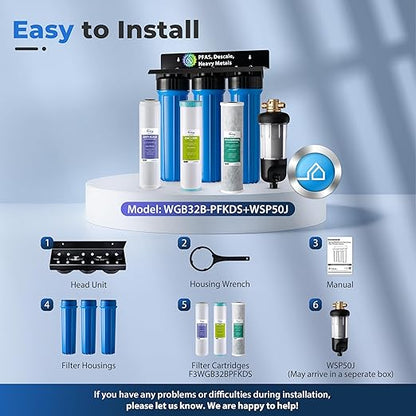 iSpring Whole House Water Filter System Ultimate PFAS Scale and Heavy Metals Protection Removes Up to 99% PFOA & PFOS with SGS-Tested Media, Jumbo Spin-Down Sediment Filter Model: WGB32B-PFKDS+WSP50J