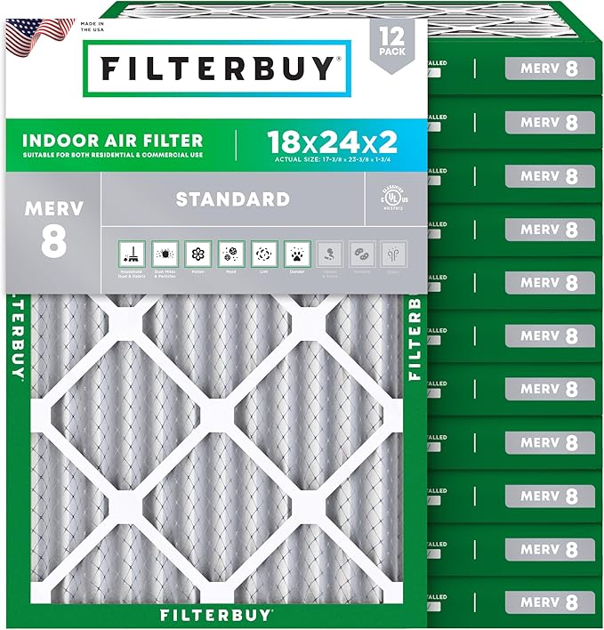 Filterbuy 18x24x2 Air Filter MERV 8 Essential Dust & Allergy Defense (12-Pack), Electrostatic Pleated HVAC AC Furnace Filters Replacement, Made in USA (Actual Size: 17.38 x 23.38 x 1.75)