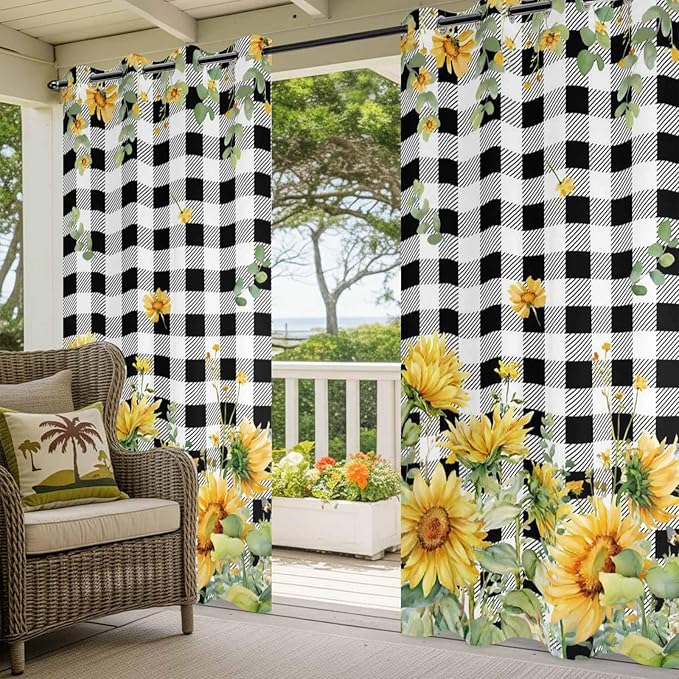 Sunflowers Outdoor Curtains for Patio Summer Floral Eucalyptus Leaf Buffalo Check Waterproof Outside Curtains with Grommet Top Weatherproof Curtain for Cabana Pergola Gazebo, 1 Panel, 54" W x 108" L