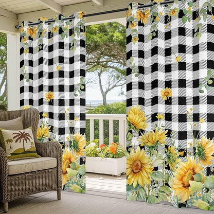Sunflowers Outdoor Curtains for Patio Summer Floral Eucalyptus Leaf Buffalo Check Waterproof Outside Curtains with Grommet Top Weatherproof Curtain for Cabana Pergola Gazebo, 1 Panel, 54" W x 108" L