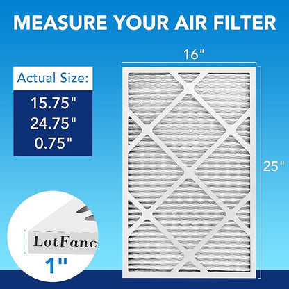 LotFancy 16x25x1 Air Filter MERV 13 4-Pack, Electrostatic Pleated HVAC Furnace Air Filter, Captures Pet Dander Smog Smoke, Actual Size: 15.75"x24.75"x0.75"