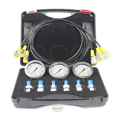 SINOCMP Hydraulic Pressure Test Kit with 3 Gauges 10/25/40 Mpa, 3 Long Hoses 6 Couplings Diagnosis Gauge Tester Set for Excavator Construction Engineering Machinery Equipment