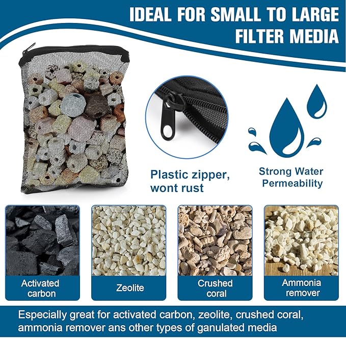 10Pcs Media Bags for Aquarium Fine Mesh Bag Aquarium Filter Media Bags with Plastic Zipper Suitable for Activated Carbon, Filter Stones, Ceramic Rings（Black）