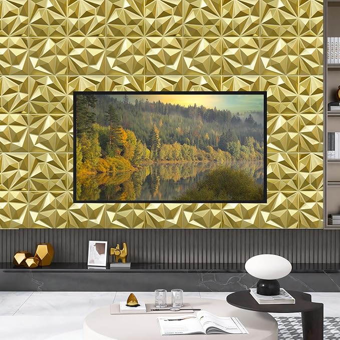 33 Pack Decorative 3D Wall Panels for Interior Wall Decor,12''x12'' Champaign Gold Diamond Design Accent Wall Panles for Living Room,TV Wall Background,Bedroom