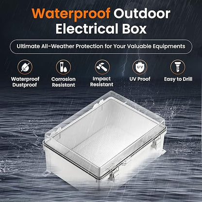 QILIPSU Waterproof Junction Box IP67 Outdoor Plastic Electrical Project Enclosure Weatherproof with Mounting Plate, Wall Brackets, Hinged Clear Cover 16.1"x12.2"x7.1" CC