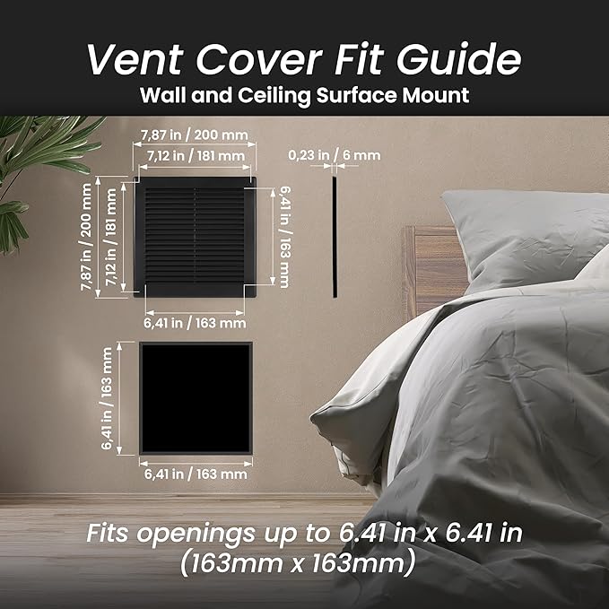 Repa Market 8 x 8 Inch (Outer) Black Square Air Vent Cover - Pack of 2 Plastic Fresh Air Intake Vent - AC Cover with Nylon Mesh Screen, Wall, Ceiling HVAC Return Air Register, Modern Soffit Vents