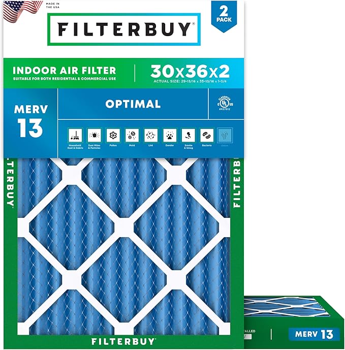 Filterbuy 30x36x2 Air Filter MERV 13 Optimal Smoke & Allergy Defense (2-Pack), Electrostatic Pleated HVAC AC Furnace Filters Replacement, Made in USA (Actual Size: 29.81 x 35.81 x 1.75)