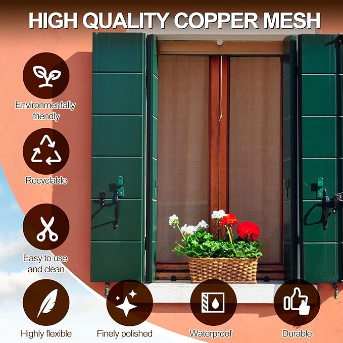 Lounsweer 36 Inch x 5 ft Copper Mesh Screen Roll, 90% Copper Insect Screen, Metal Wire Mesh Roll, Wire Fabric for Window Door Grounding Dense Filter Woven Crafts, to Keep Animals Away