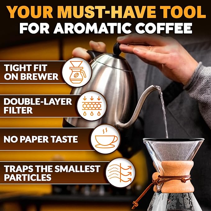 Stainless Steel Pour Over Coffee Filter Compatible with Hario V60 and Chemex Coffee Filter - Reusable 1-2 Cup Paperless Coffee Maker - Easy to Clean Fine Mesh for Smooth Extraction and Rich Flavor