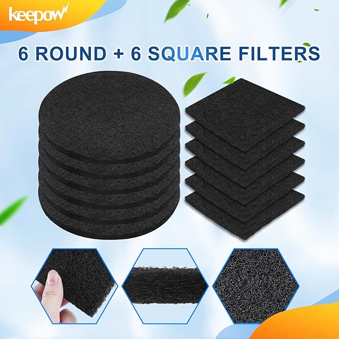 KEEPOW 12 Pack Compost Bin Filter for Kitchen Compost Bin Pail, Charcoal Filters for Compost Bucket, Activated Carbon Filter for Compost Pail Counter Refill (6 Round + 6 Square)