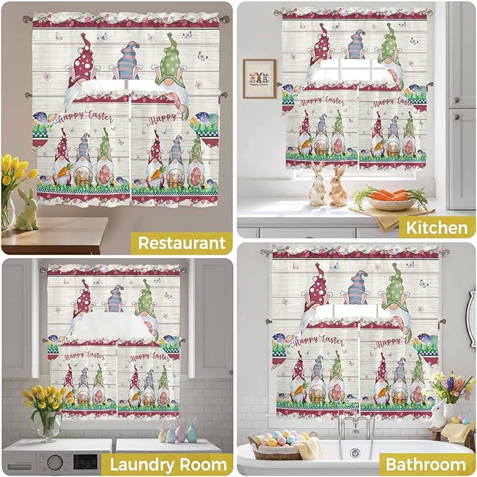 Swag Valance Curtains, Happy Easter Gnomes with Eggs on Grass Rod Pocket Valances Swag Topper for Kitchen Windows, Spring Floral on Wood Barn Light Filtering Short Curtain for Bedroom Bathroom 56x36In