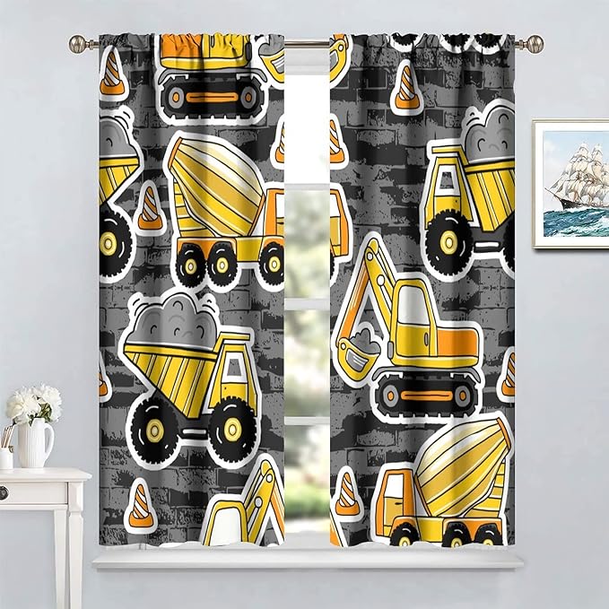 Kids Construction Excavator Window Curtains, Yellow Excavator Transporter Truck Cartoon Vehicles Rod Pocket Decorative Window Curtain for Children Teens Room 55x63in (30% Blackout)