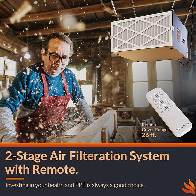 Purisystems 3-Speed Remote Air Filtration System, PuriCare 1100 Hanging Air Filter Remote for Woodworking, Garage Air Purifier, Shop Dust Collector, up to 1100 sq. ft (1100 CFM)
