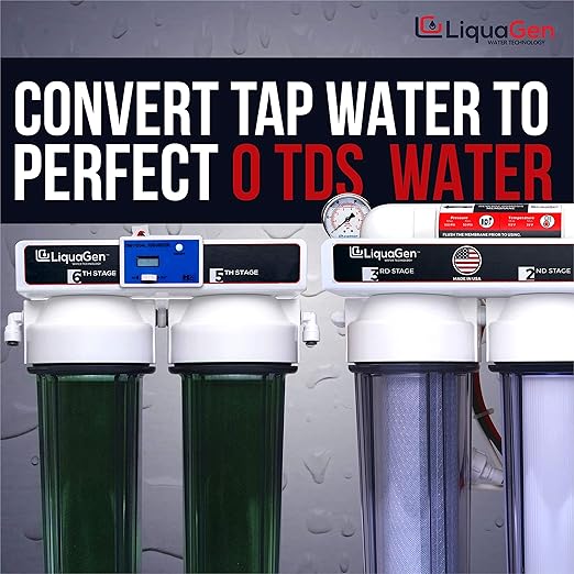 LiquaGen- Aquarium Reef Reverse Osmosis Deionization (RODI) Water Filter System + TDS Meter, Pressure Gauge and Electrical High Flow Booster Pump| Ultimate Water Purifier for Fish Tanks & More