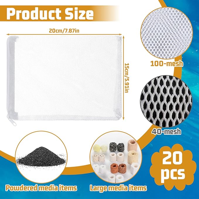 Grevosea 20 Pcs Aquarium Filter Media Bags, Fish Tank Coarse Mesh Bags 5.91 x 7.87 Inch Nylon Mesh Bag with Zipper for Activated Carbon Ceramic Rings Bio Balls Black & White