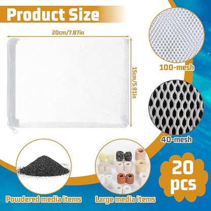 Grevosea 20 Pcs Aquarium Filter Media Bags, Fish Tank Coarse Mesh Bags 5.91 x 7.87 Inch Nylon Mesh Bag with Zipper for Activated Carbon Ceramic Rings Bio Balls Black & White