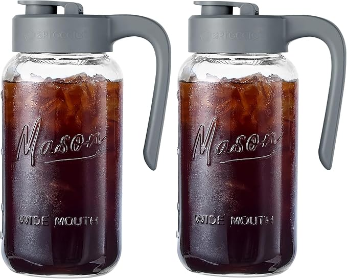 Mason Jar Pitcher - Airtight & Leakproof Glass Pitcher with Lid[set of 2], Perfect for Breastmilk, Cold Brew, and Sun Tea, 2 Quart (64 oz) Mason Jar with Pour Spout Lid