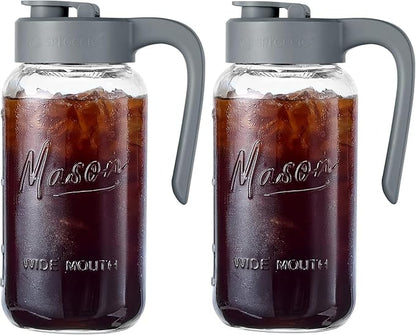 Mason Jar Pitcher - Airtight & Leakproof Glass Pitcher with Lid[set of 2], Perfect for Breastmilk, Cold Brew, and Sun Tea, 2 Quart (64 oz) Mason Jar with Pour Spout Lid