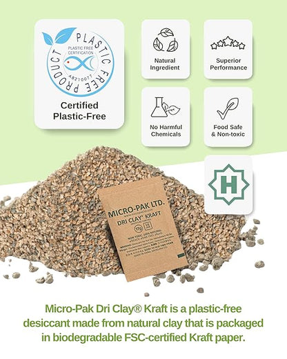 Micro-Pak Dri Clay Kraft, Highest Moisture Absorption Desiccant Packs, Silica Gel Packets Alternative, Food Safe Bentonite Clay, Desiccant Packs for Storage, Moisture Absorbers for Closet, 17gx25pcs