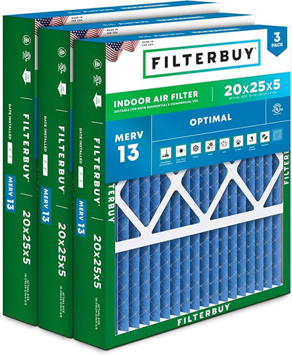 Filterbuy 20x25x5 Air Filter MERV 13 Optimal Smoke & Allergy Defense (3-Pack), Pleated HVAC AC Furnace Filters for Honeywell FC100A1037, Lennox X6673, and More (Actual Size: 19.88 x 24.75 x 4.38)