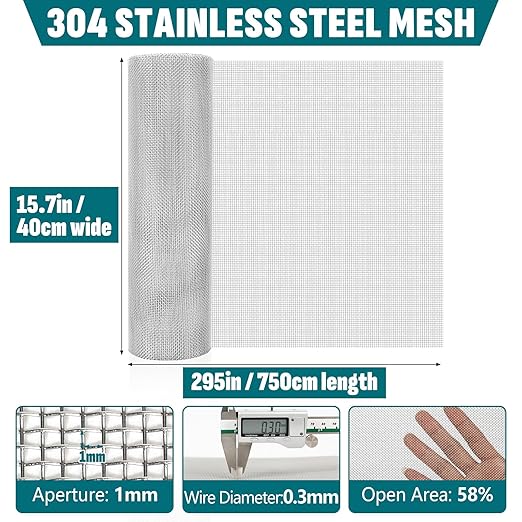 20 Mesh 304 Stainless Steel Mesh Screen, 15.7'' x 295''(40cm x 750cm) Wire Screen Mesh, Rust Free Woven Wire Mesh, Metal Mesh Screen for Air Vents, Window Screen, Filters, Garden Covers