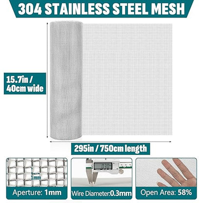 20 Mesh 304 Stainless Steel Mesh Screen, 15.7'' x 295''(40cm x 750cm) Wire Screen Mesh, Rust Free Woven Wire Mesh, Metal Mesh Screen for Air Vents, Window Screen, Filters, Garden Covers