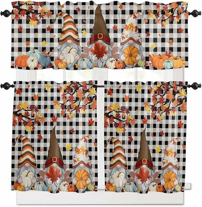 Thanksgiving Gnomes Kitchen Curtain Set, Fallen Maple Leaf Pumpkin Black Plaid Window Valance and Tiers 24" Length, Light Filtering Short Curtains Valance for Cafe Bathroom Bedroom 54"x18"