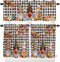 Thanksgiving Gnomes Kitchen Curtain Set, Fallen Maple Leaf Pumpkin Black Plaid Window Valance and Tiers 24" Length, Light Filtering Short Curtains Valance for Cafe Bathroom Bedroom 54"x18"