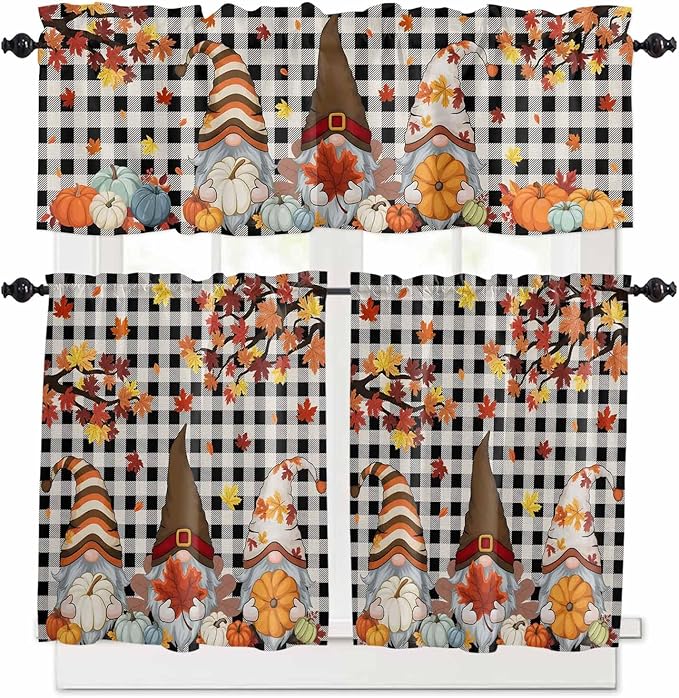Thanksgiving Gnomes Kitchen Curtain Set, Fallen Maple Leaf Pumpkin Black Plaid Window Valance and Tiers 36" Length, Light Filtering Short Curtains Valance for Cafe Bathroom Bedroom 54"x18"