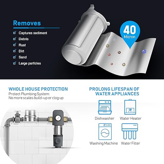 Frizzlife 40 & 100 Micron Spin Down Sediment Water Filter with Pressure Display and Built-in Scraper, Reusable and Flushable Whole House Pre-Filtration System, 1" + 3/4" NPT, BPA Free, JG40-100