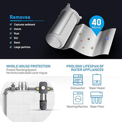 Frizzlife 40 & 100 Micron Spin Down Sediment Water Filter with Pressure Display and Built-in Scraper, Reusable and Flushable Whole House Pre-Filtration System, 1" + 3/4" NPT, BPA Free, JG40-100