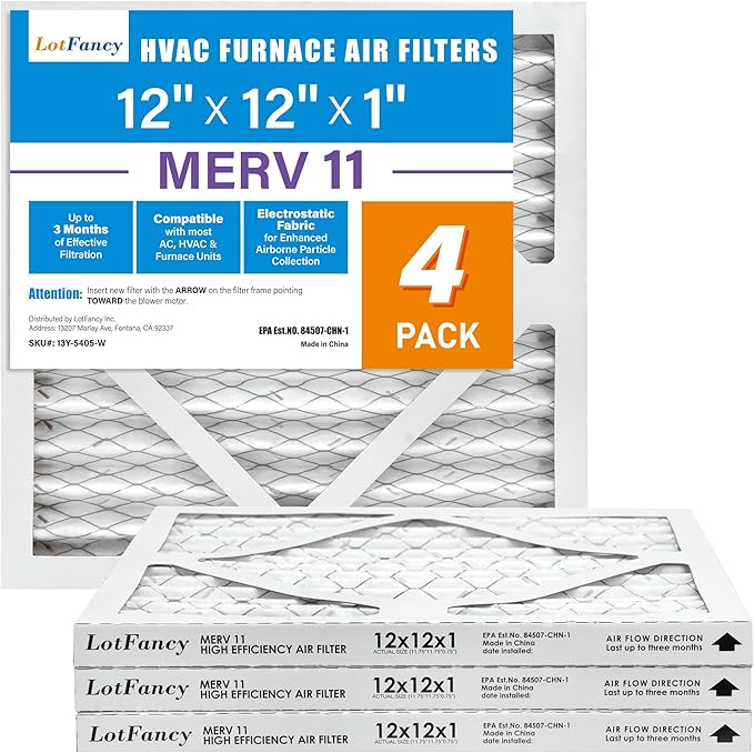 LotFancy 12x12x1 Air Filter MERV 11 4-Pack, Electrostatic Pleated AC Furnace Air Filter, Captures Dust, Smog & Pet Dander, Actual Size: 11.75"x11.75"x0.75"