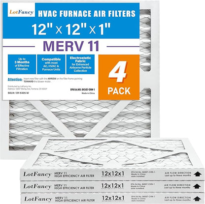 LotFancy 12x12x1 Air Filter MERV 11 4-Pack, Electrostatic Pleated AC Furnace Air Filter, Captures Dust, Smog & Pet Dander, Actual Size: 11.75"x11.75"x0.75"