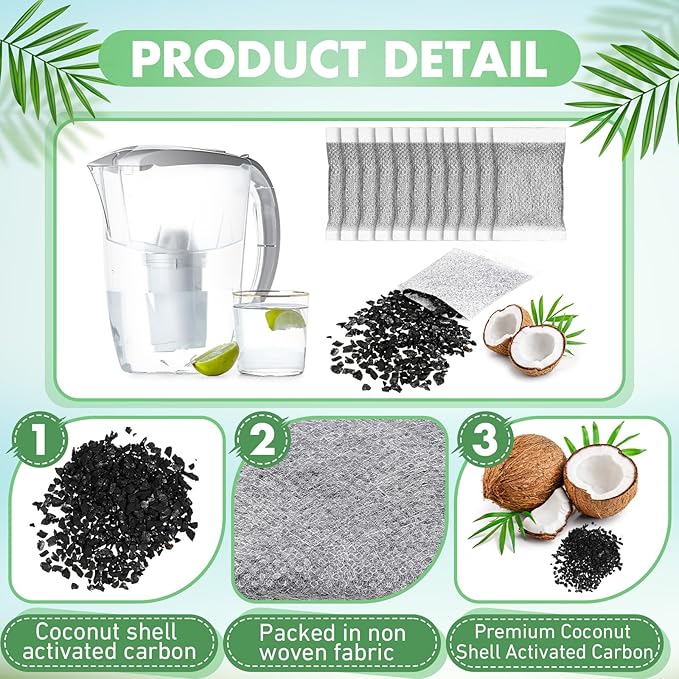 Lounsweer 100 Pcs Activated Charcoal Water Filter Coconut Shell Distiller Filters Activated Charcoal Sachets for Most Replacement Countertop Water Distillers