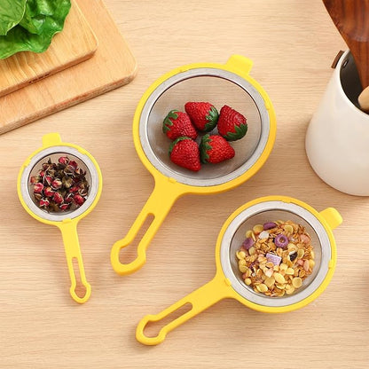 LemonRoad Set of 3 Stainless Steel Mesh Strainer 304 Fine Mesh Filters with Ergonomic Handles and Hanging Ears for Oil Filter Skimming Grease and Foam (Yellow)