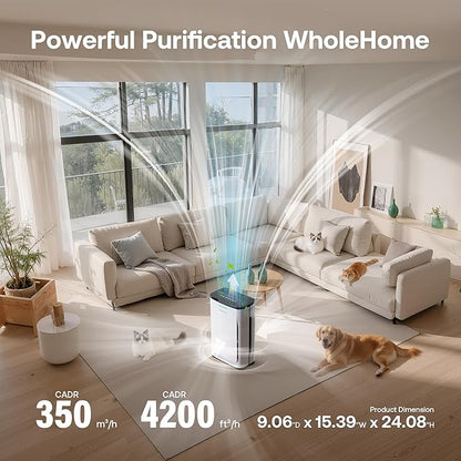 Pet Air Purifier Large Home up to 4200 sq ft, Suck up Floating Cat Dog Hair, 7-Stage Filter Anion Activated Carbon HEPA Air Purifiers WiFi for Dander Odor Allergies Smoke Dust, Zero Ozone, P339 White