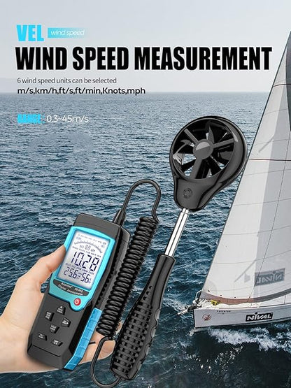 H12 Digital Anemometer Handheld Wind Speed Meter with Extended Wind Sensor, Measures Wind Speed Wind Flow Temperature and Humidity CFM Air Flow Velocity Meter with Big Backlit Screen