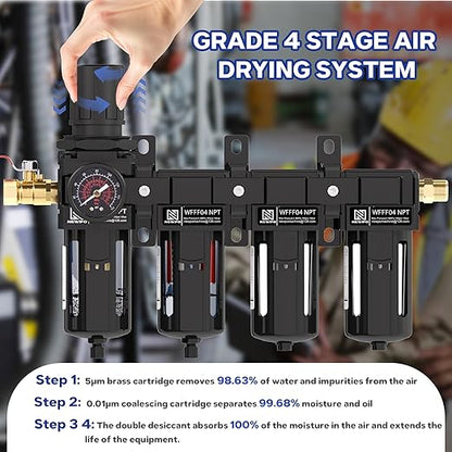 NEWPO 1/2'' NPT 4 Stage Air Dryer for Compressor,Air Drying System, Filter Regulator Dryer Combo for Plasma Cutter and Paint Spray,Semi-Auto Drain (Black)