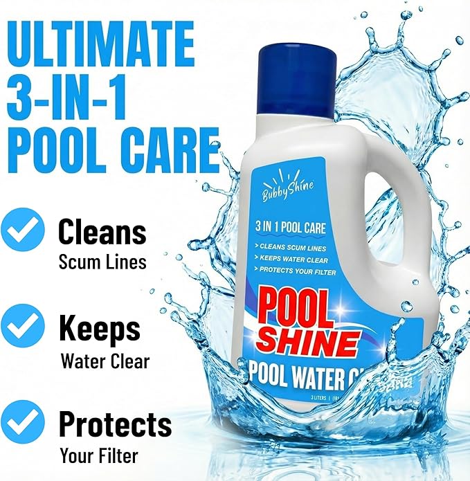 3-in-1 Pool Cleaner & Clarifier - Pool Chemicals, Pool Enzyme Cleaner, Water Clarifier, Waterline Scum Control, Filter Care, Clear Water Finish, 3 Liter (101.5 fl oz) - BubbyShine