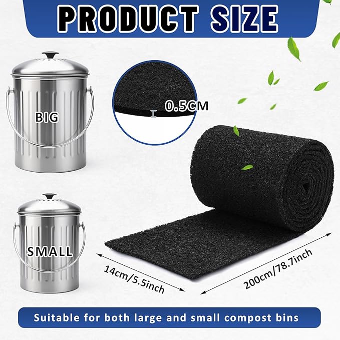 Square Compost Bin Charcoal Filters 78.7 x 5.5 Inch, Activated Carbon Filter Sheet Thickening Trimmable for Compost Bucket Compost Pail Countertop Recycle Bin