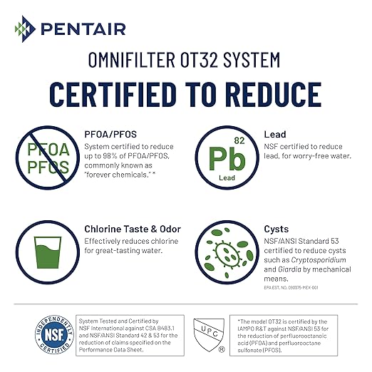 Pentair OMNIFIlter OT32 Water Filtration System, 10" Premium Dual-Stage Undersink Filter System, NSF Certified to Reduce PFOA/PFOS, Includes Dual Housings, RS14 and CB3 Cartridges and All Hardware