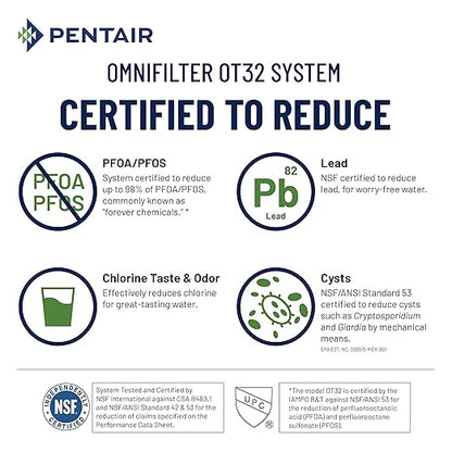 Pentair OMNIFIlter OT32 Water Filtration System, 10" Premium Dual-Stage Undersink Filter System, NSF Certified to Reduce PFOA/PFOS, Includes Dual Housings, RS14 and CB3 Cartridges and All Hardware