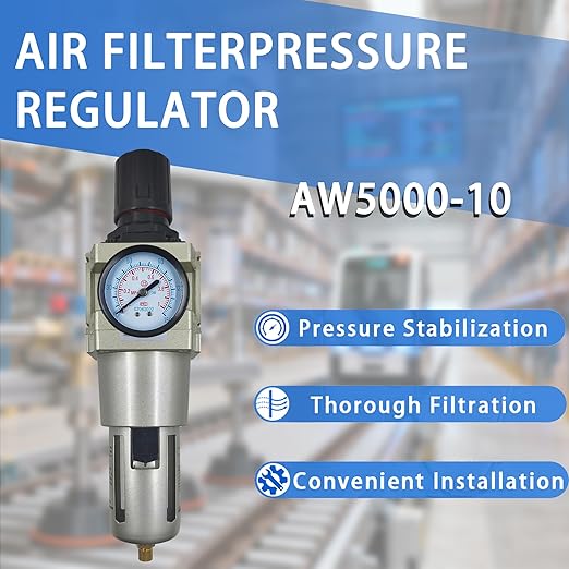 HengMinLingTong 1" NPT Compressed Air Filter Regulator Combo Piggyback, 5 Micron Brass Element, Poly Bowl, Semi-Auto Drain, Metal Bracket, 0-150 psi AW5000-10
