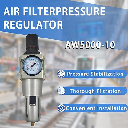 HengMinLingTong 1" NPT Compressed Air Filter Regulator Combo Piggyback, 5 Micron Brass Element, Poly Bowl, Semi-Auto Drain, Metal Bracket, 0-150 psi AW5000-10